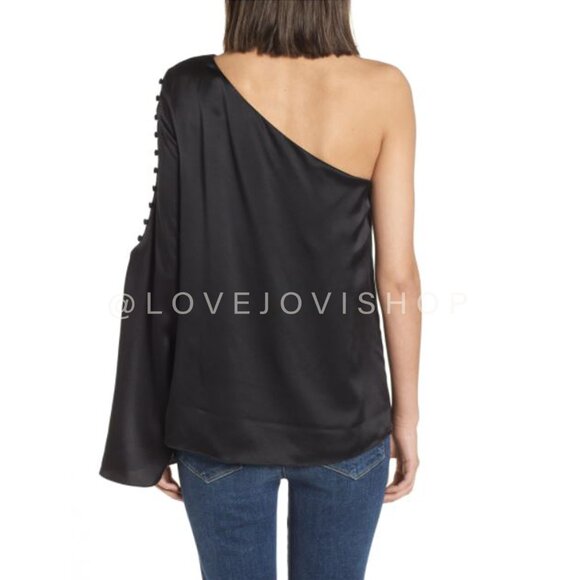 NYE Glam | Parker Black Silk One Shoulder Bell Sleeve Top | Elegant Party Flowy - Picture 7 of 16